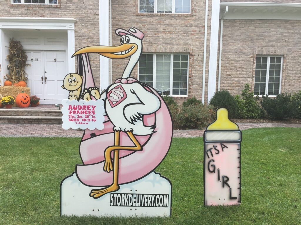 Stork birth announcement yard signs in front of a house